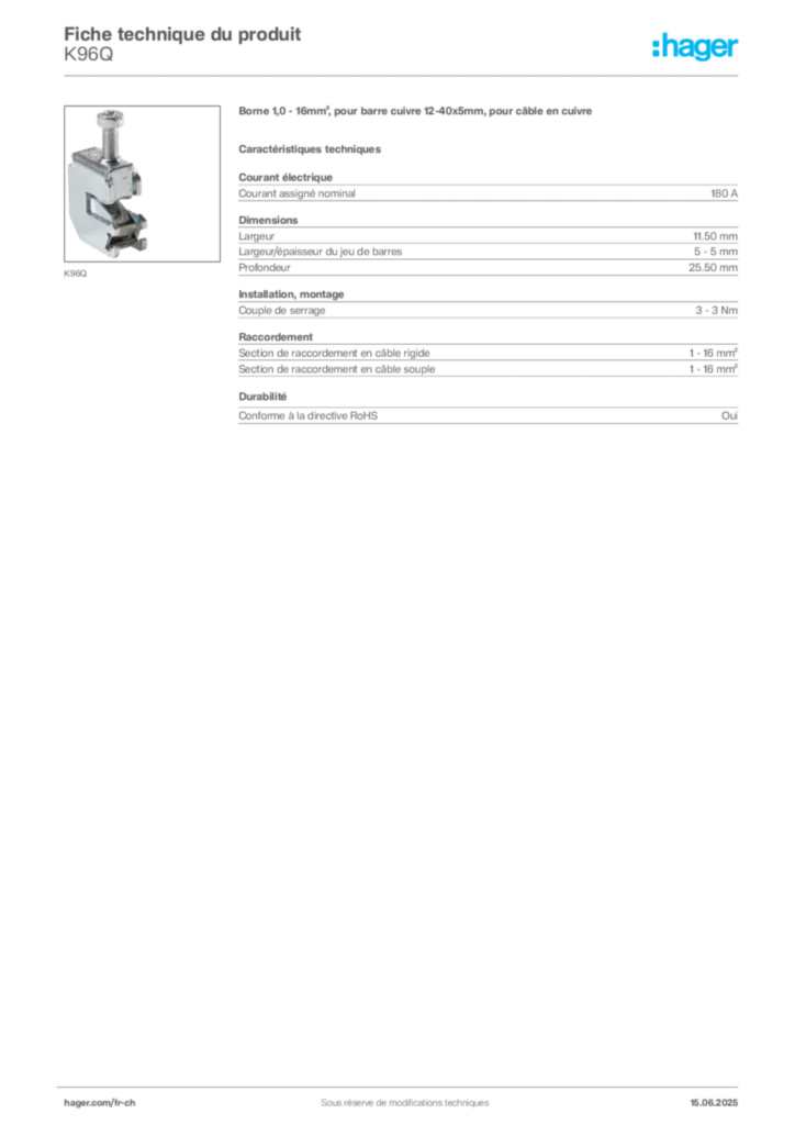 Image Hager Fiche technique du produit K96Q | Hager Suisse