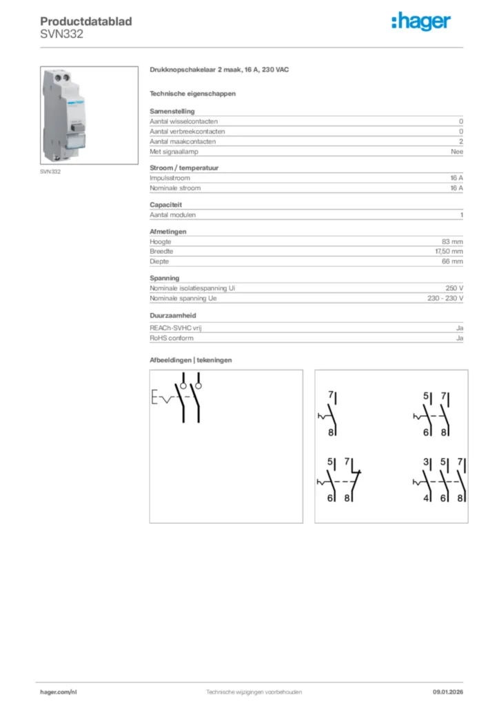 Afbeelding Hager Productdatablad SVN332 | Hager Nederland