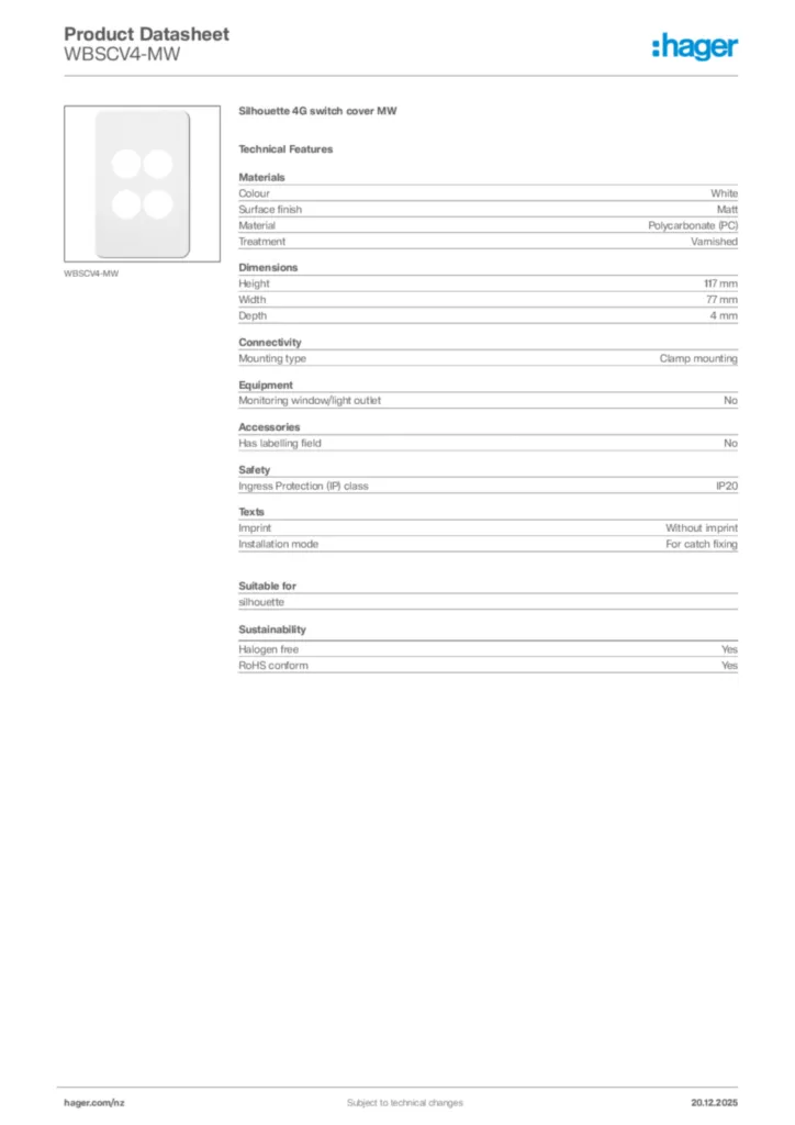 Image Hager Product data sheet WBSCV4-MW  | Hager New Zealand