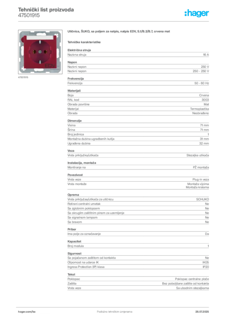 Slika Hager Product data sheet 47501915  | Hager