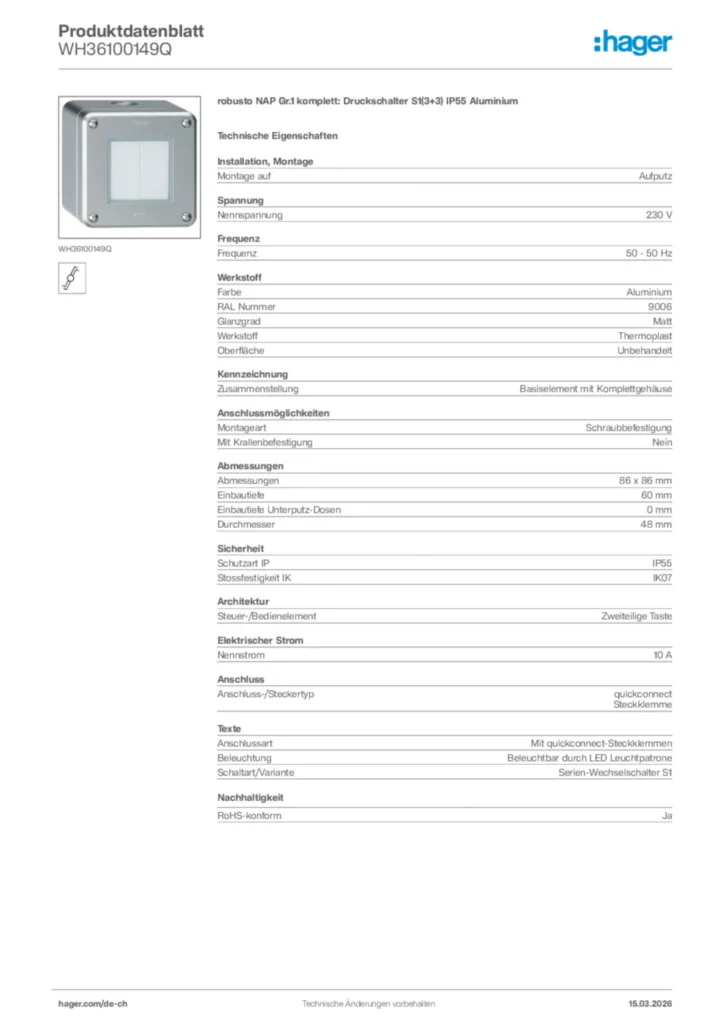 Bild Hager Produktdatenblatt WH36100149Q | Hager Schweiz