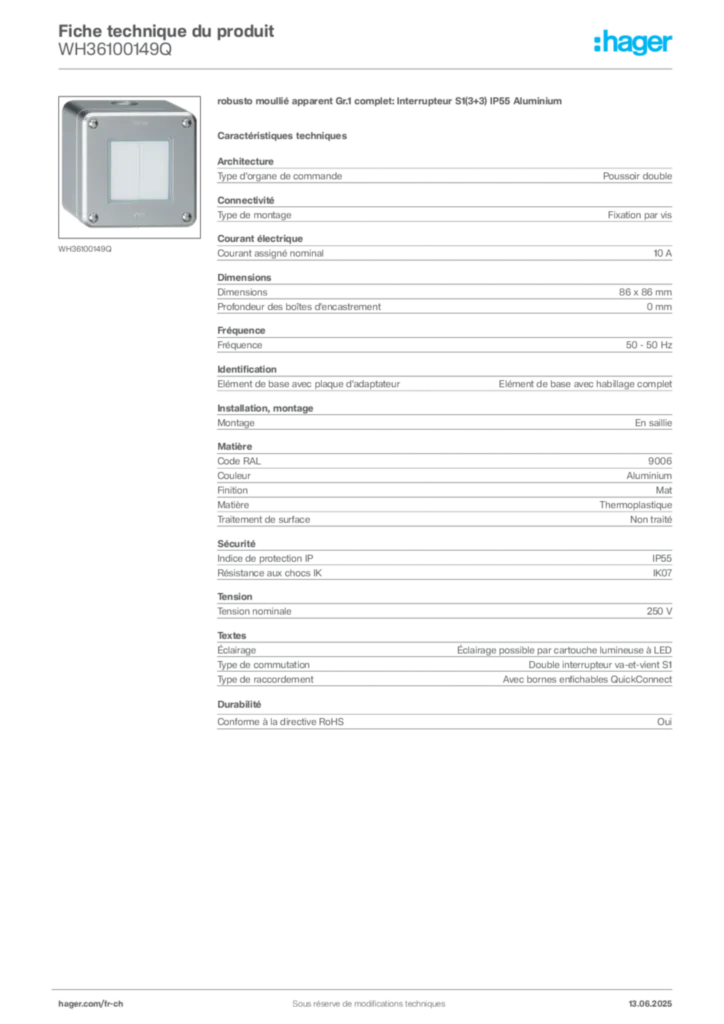 Image Hager Fiche technique du produit WH36100149Q | Hager Suisse