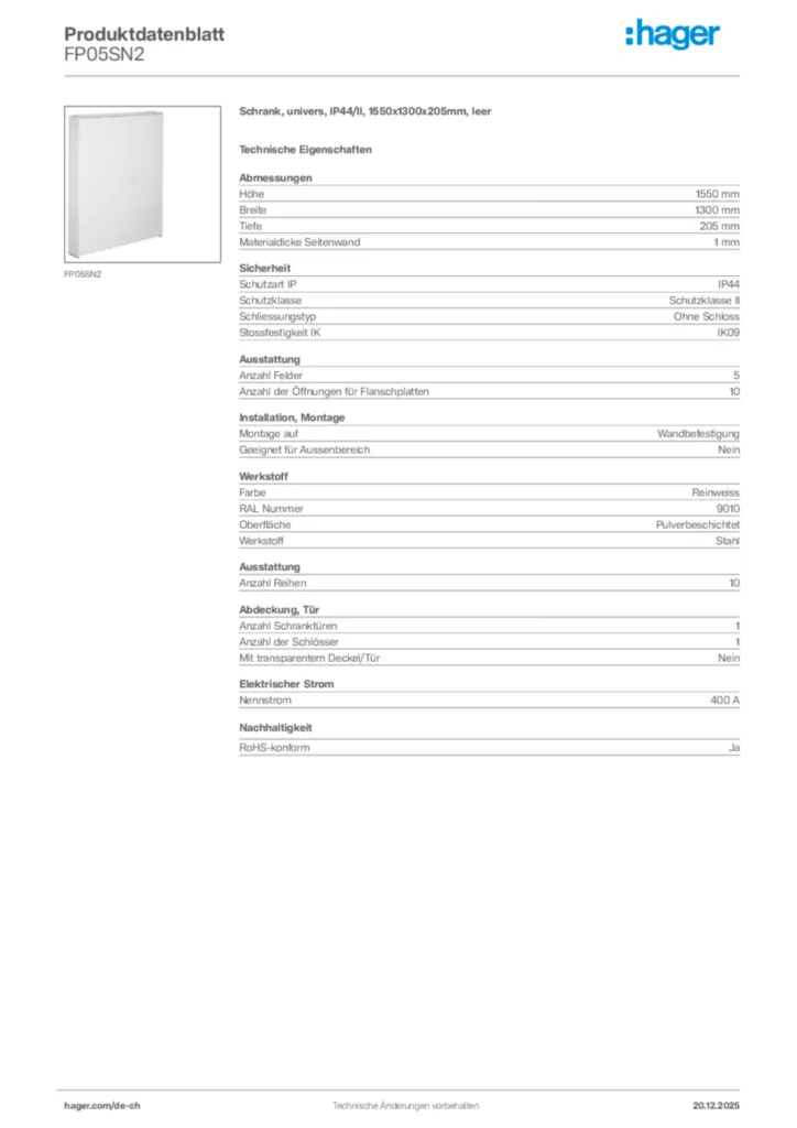Bild Hager Produktdatenblatt FP05SN2 | Hager Schweiz