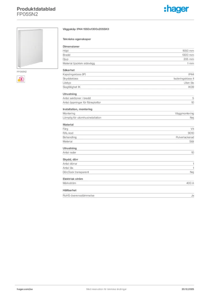 Bild Hager Produktdatablad FP05SN2 | Hager Sverige