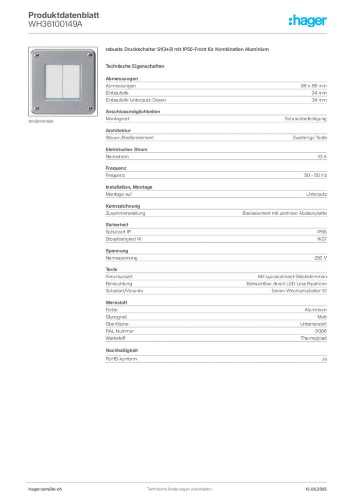 Bild Hager Produktdatenblatt WH36100149A | Hager Schweiz