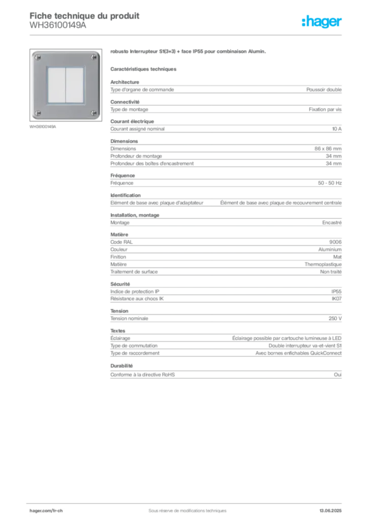Image Hager Fiche technique du produit WH36100149A | Hager Suisse