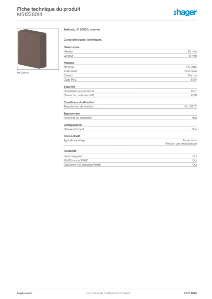 Image Hager Fiche technique du produit M61238014 | Hager France