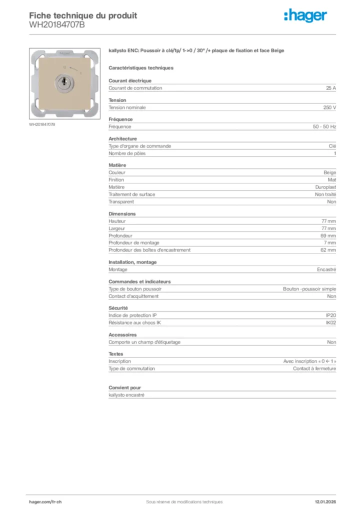 Image Hager Fiche technique du produit WH20184707B | Hager Suisse