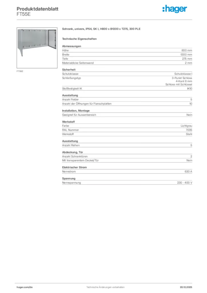 Bild Hager Produktdatenblatt FT55E | Hager Deutschland