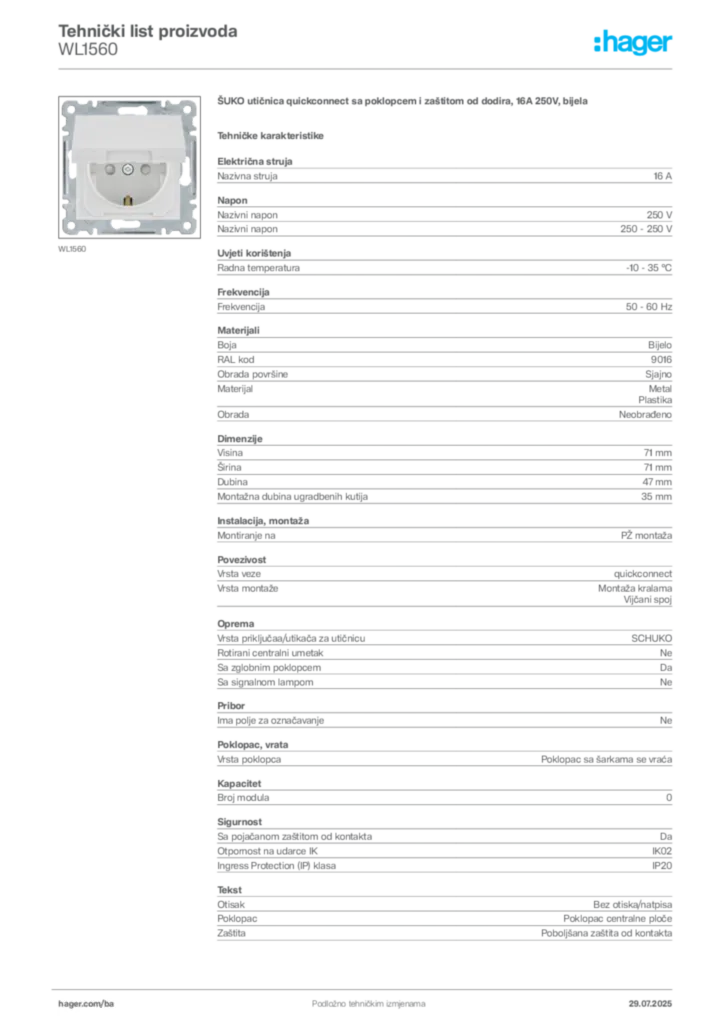 Slika Hager Product data sheet WL1560  | Hager