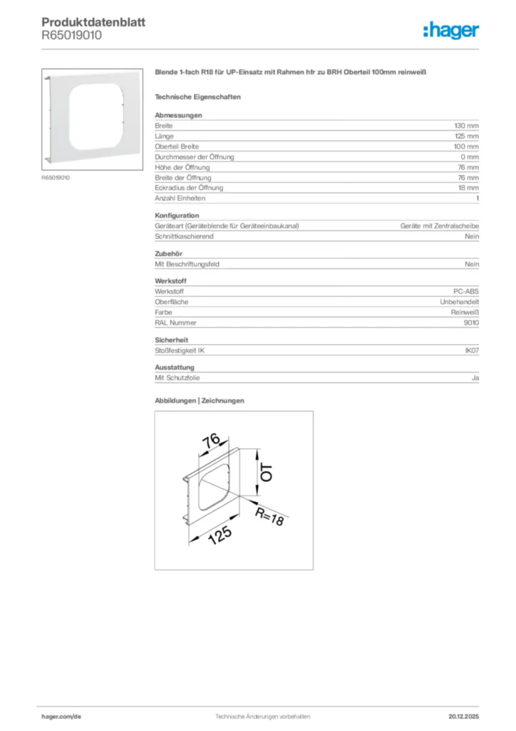 Bild Hager Produktdatenblatt R65019010 | Hager Deutschland