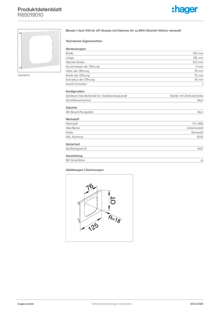 Bild Hager Produktdatenblatt R65019010 | Hager Deutschland