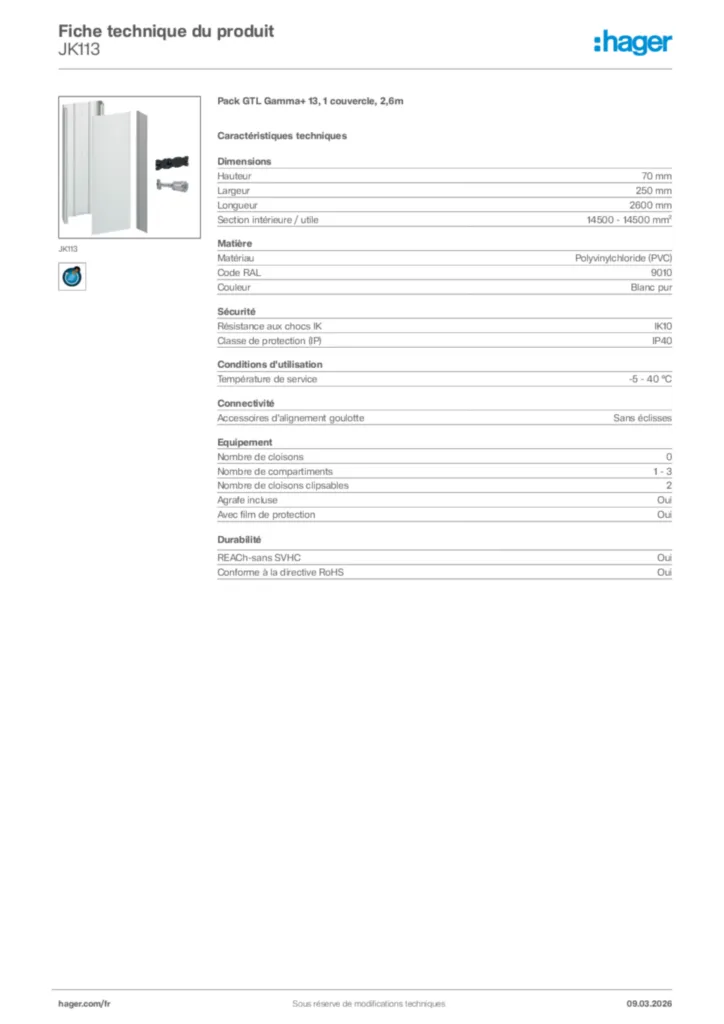 Image Hager Fiche technique du produit JK113 | Hager France