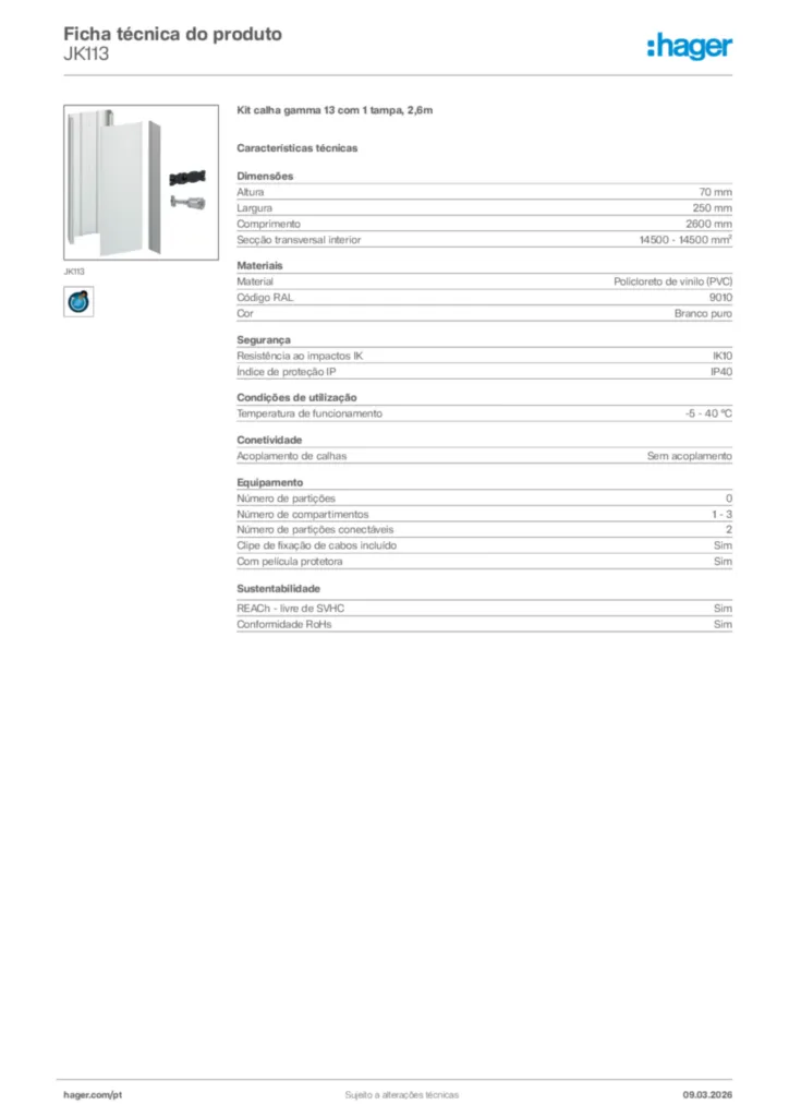 Imagem Hager Ficha técnica do produto JK113 | Hager Portugal