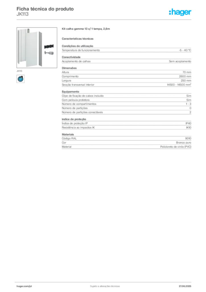 Imagem Hager Ficha técnica do produto JK113 | Hager Portugal