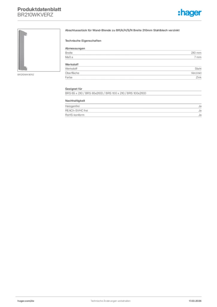 Bild Hager Produktdatenblatt BR210WKVERZ | Hager Deutschland