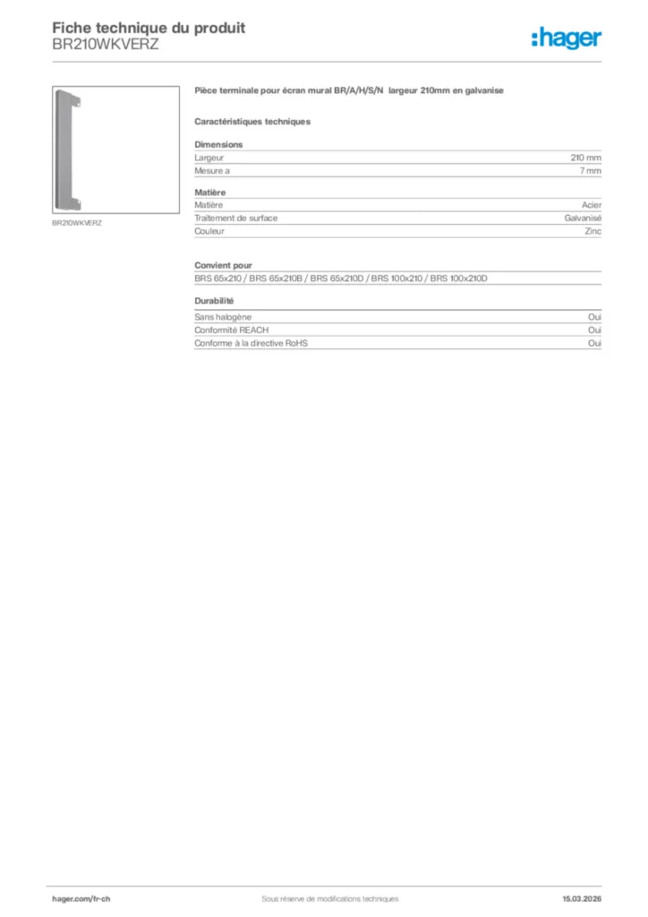 Image Hager Fiche technique du produit BR210WKVERZ | Hager Suisse