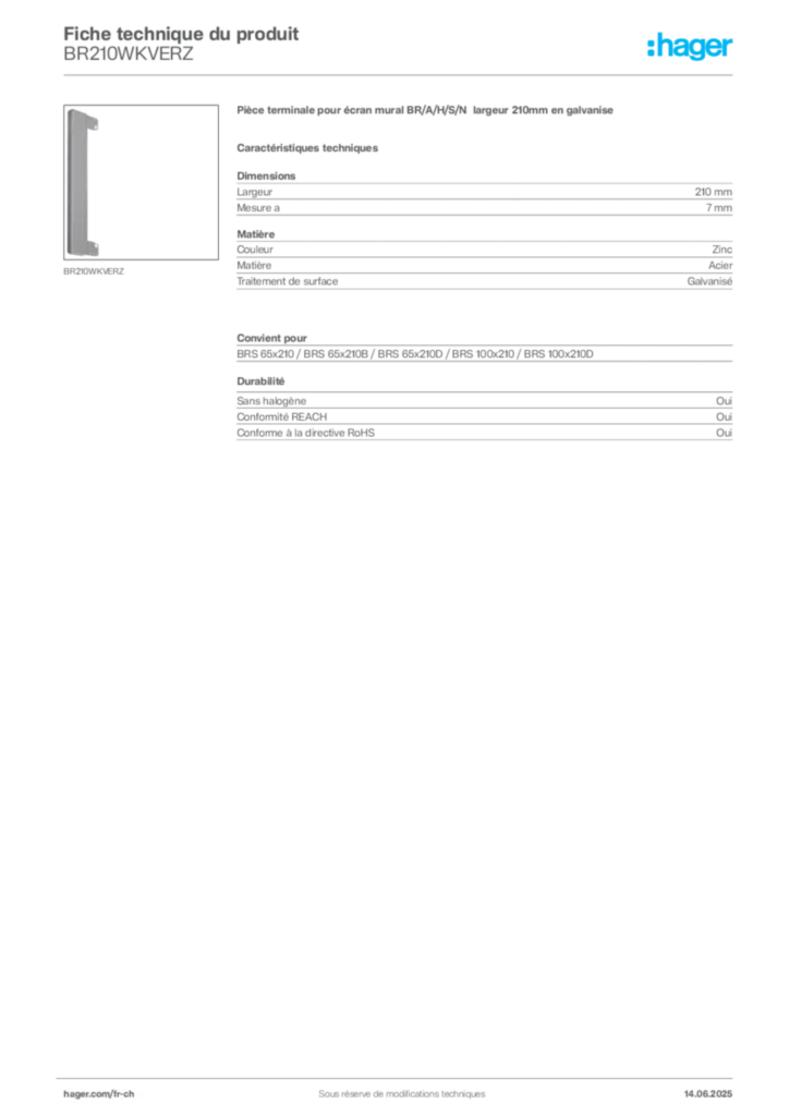 Image Hager Fiche technique du produit BR210WKVERZ | Hager Suisse