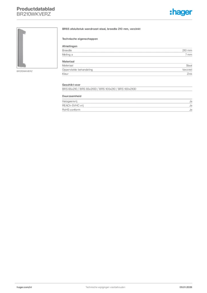 Afbeelding Hager Productdatablad BR210WKVERZ | Hager Nederland