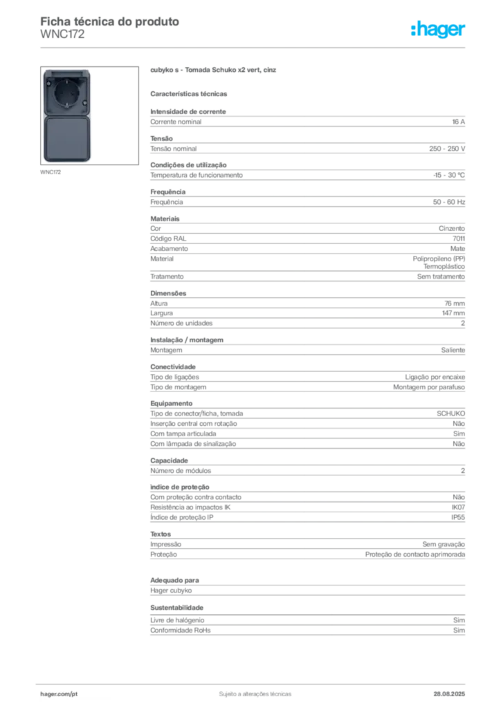 Imagem Hager Ficha técnica do produto WNC172 | Hager Portugal