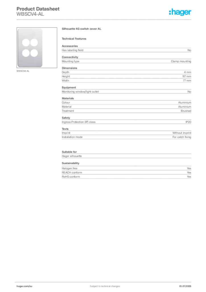 Image Hager Product data sheet WBSCV4-AL  | Hager Australia