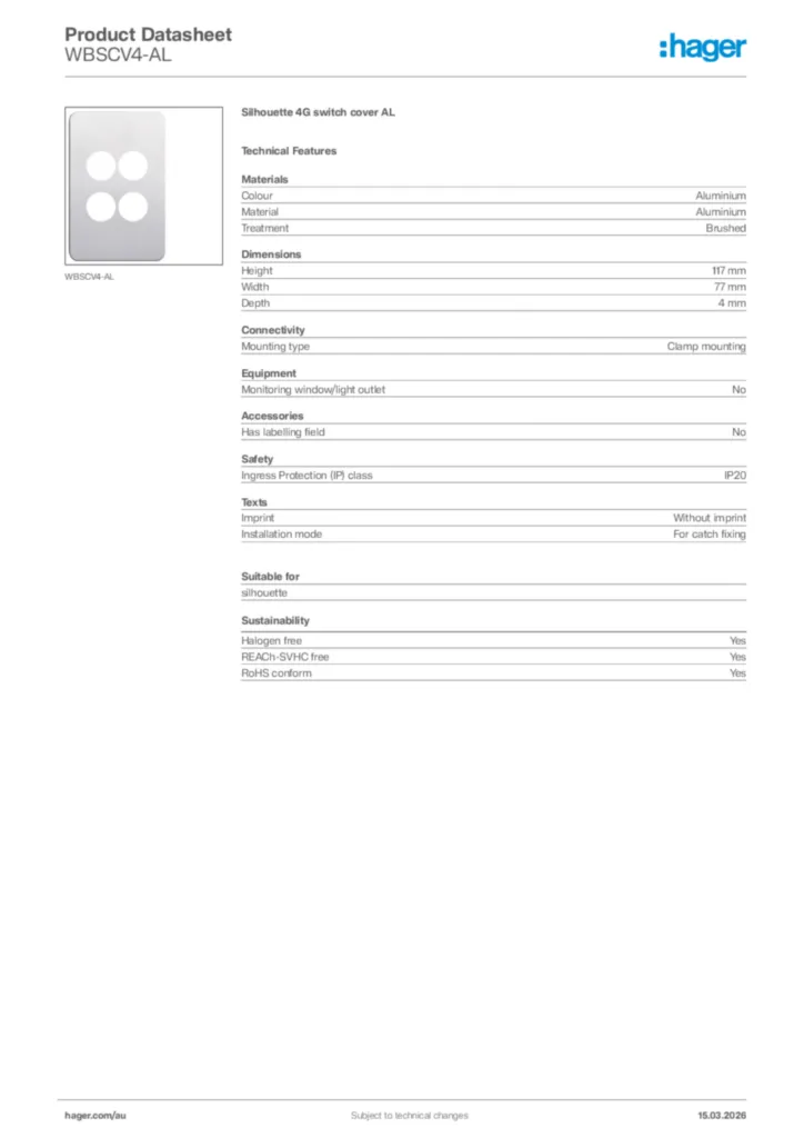 Image Hager Product data sheet WBSCV4-AL  | Hager Australia