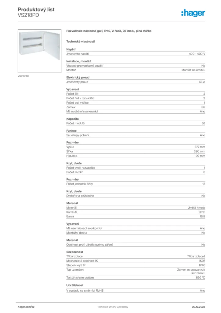 Obrázek Hager Produktový list VS218PD | Hager