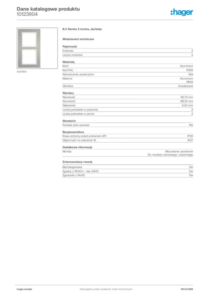 Zdjęcie Hager Karta katalogowa 10123904 | Hager Polska