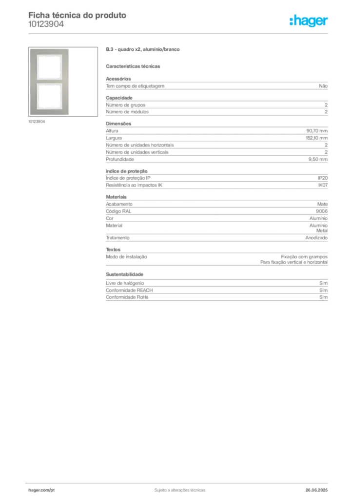 Imagem Hager Ficha técnica do produto 10123904 | Hager Portugal
