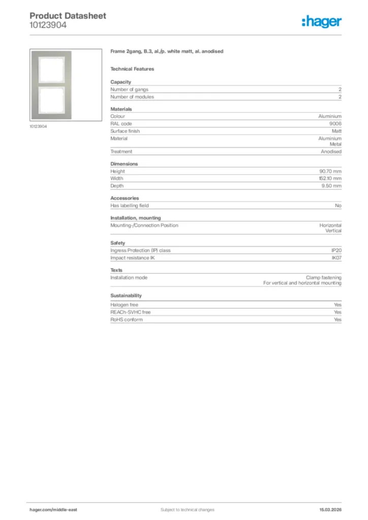 Image Hager Product data sheet 10123904  | Hager