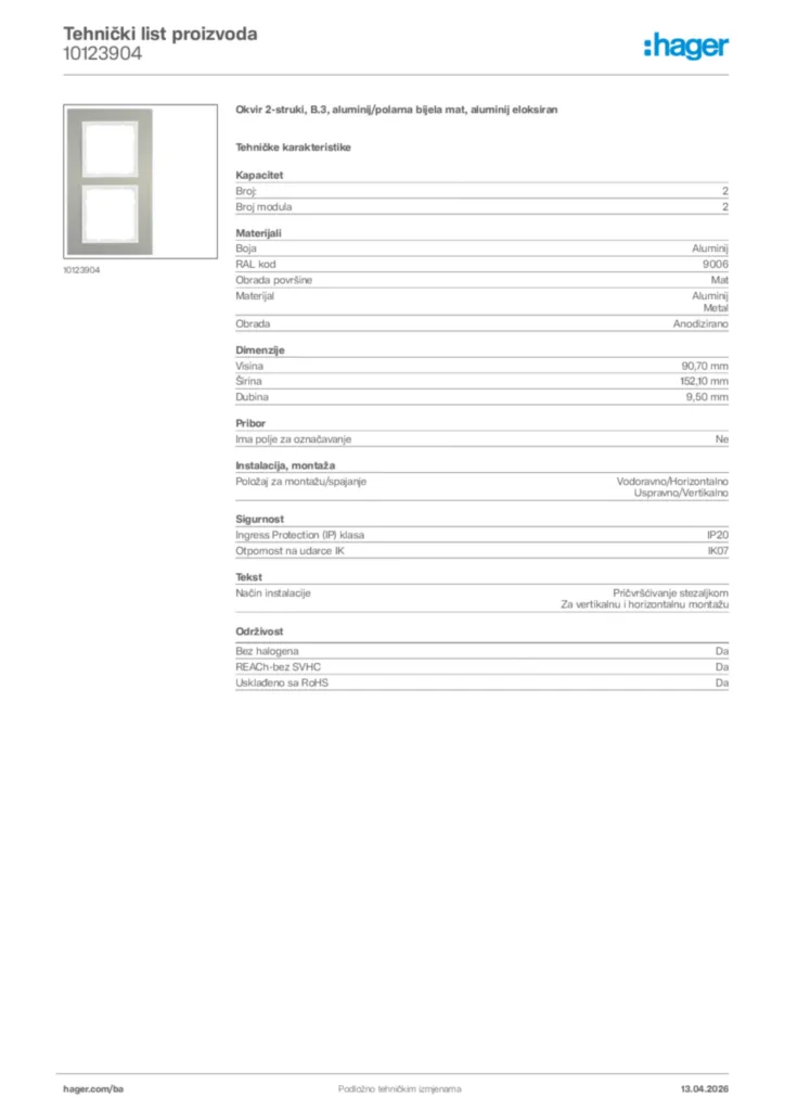 Slika Hager Tehnički list proizvoda 10123904  | Hager