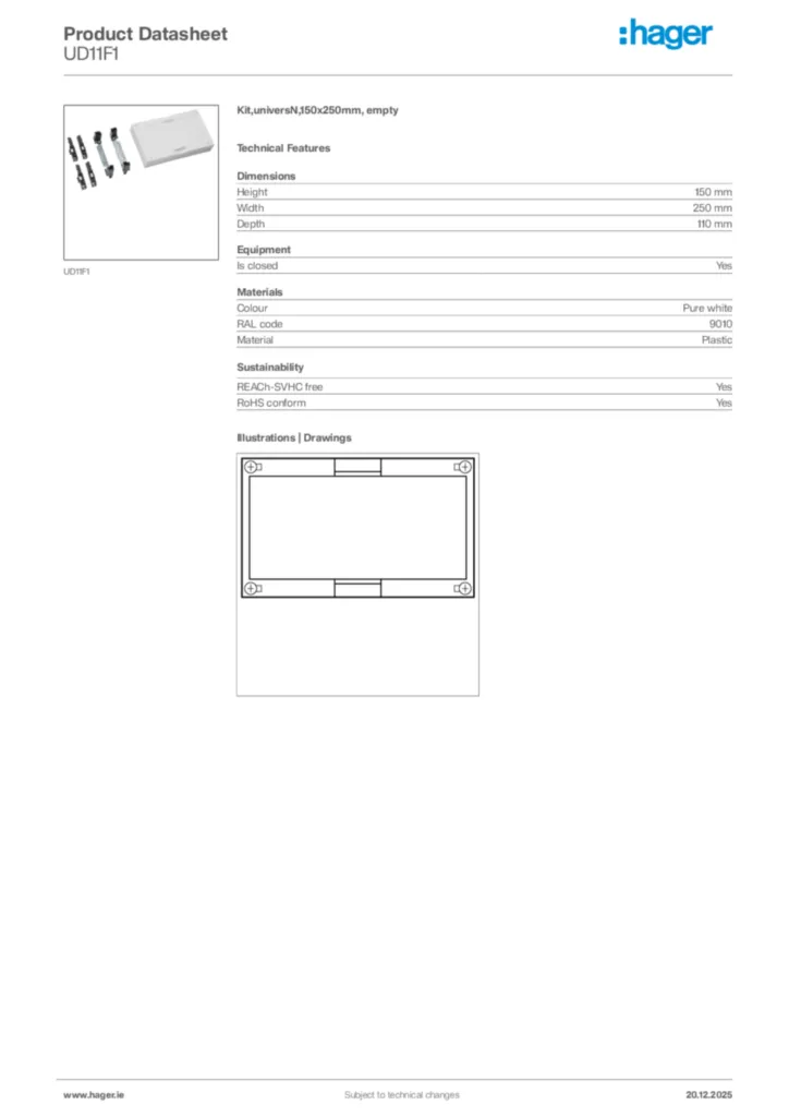 Image Hager Product data sheet UD11F1  | Hager