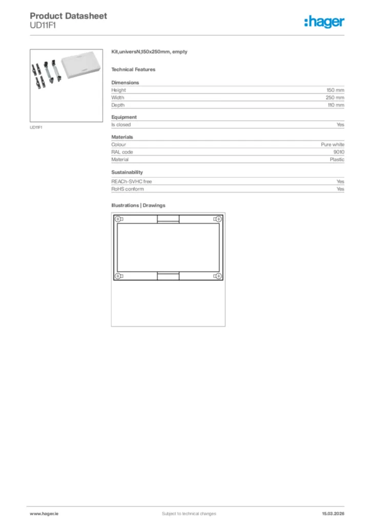 Image Hager Product data sheet UD11F1  | Hager
