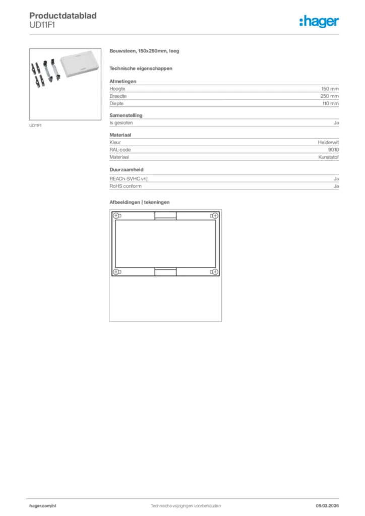 Afbeelding Hager Productdatablad UD11F1 | Hager Nederland