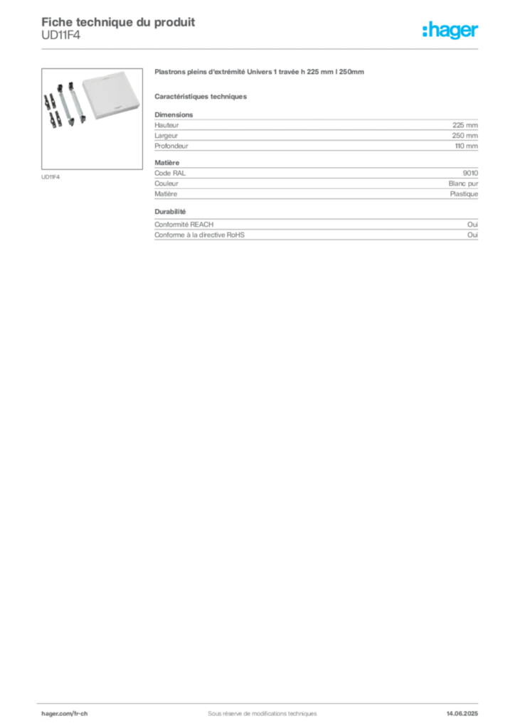 Image Hager Fiche technique du produit UD11F4 | Hager Suisse