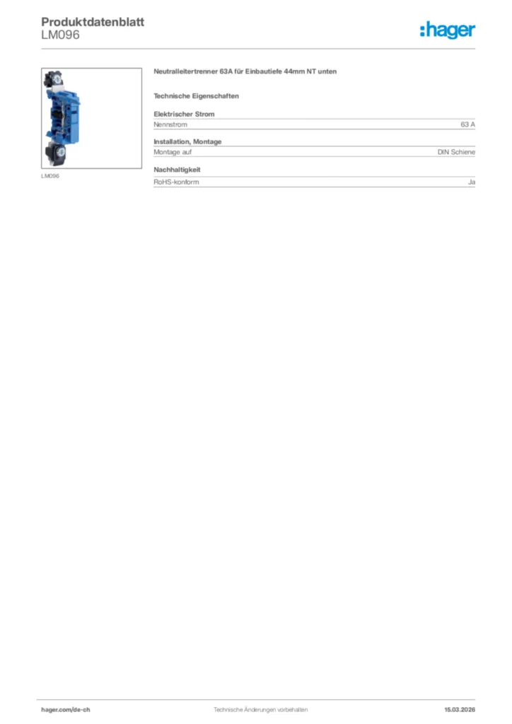 Bild Hager Produktdatenblatt LM096 | Hager Schweiz