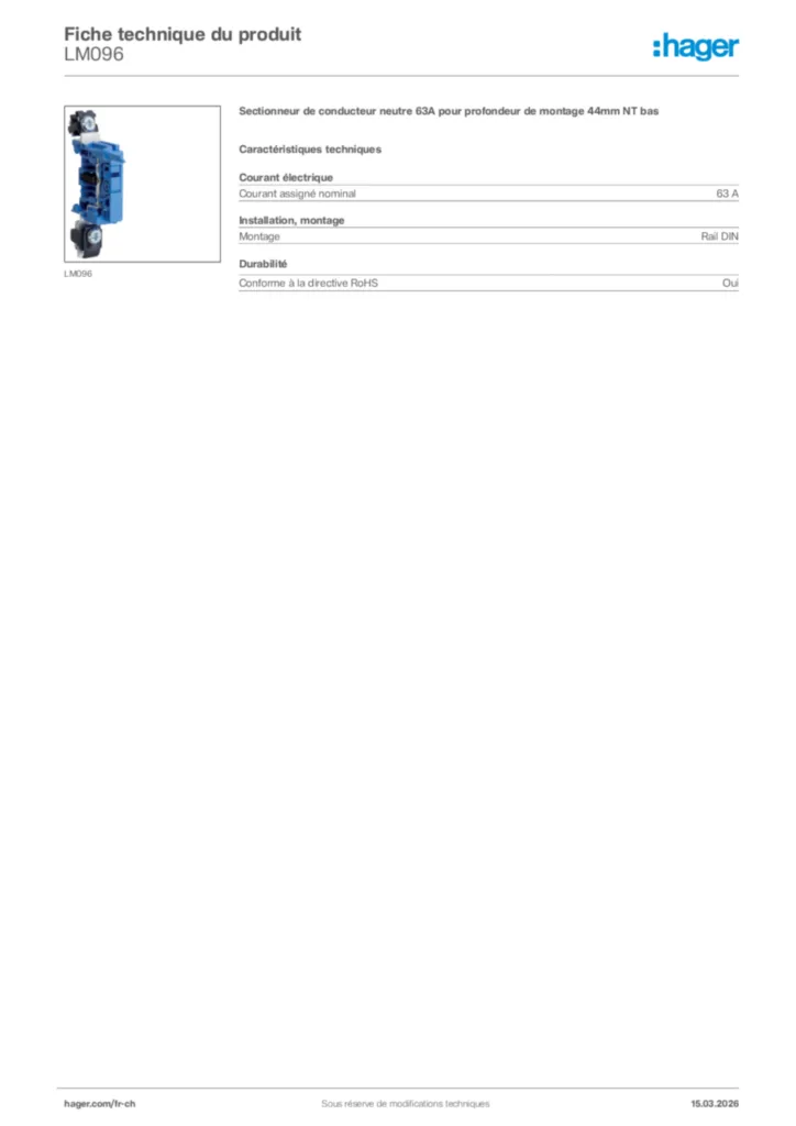 Image Hager Fiche technique du produit LM096 | Hager Suisse