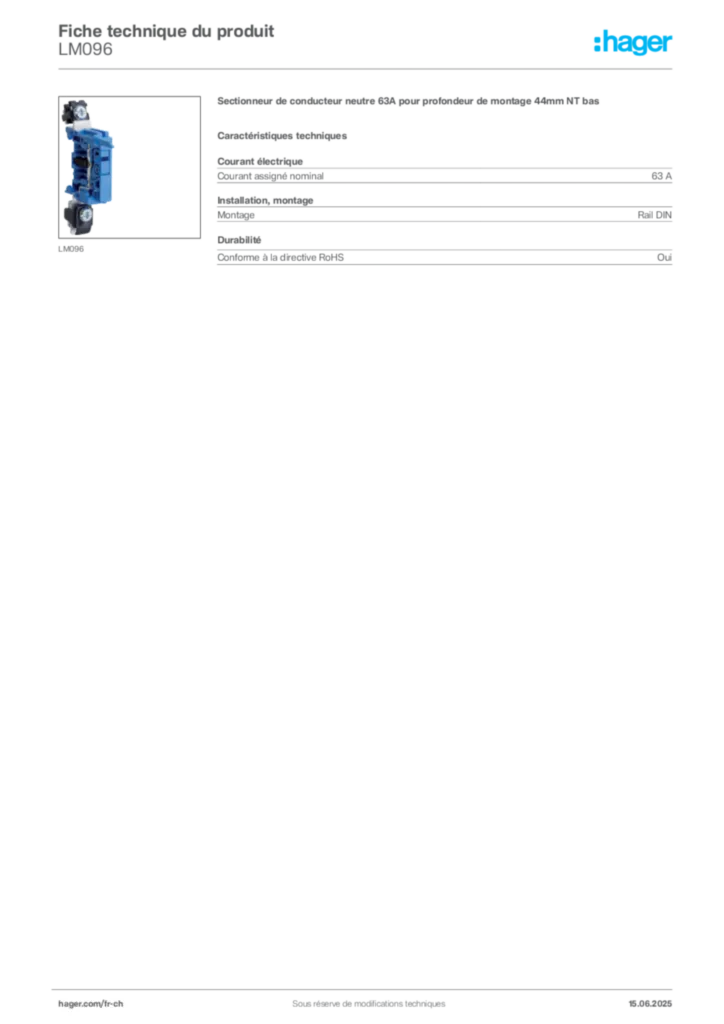 Image Hager Fiche technique du produit LM096 | Hager Suisse