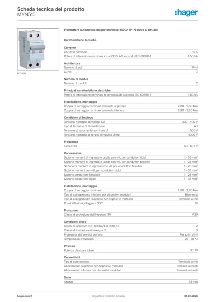 Immagine Hager Scheda tecnica del prodotto MYN510 | Hager Italia