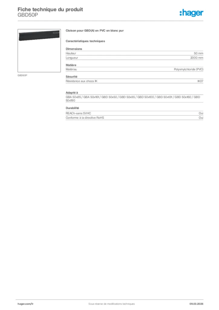 Image Hager Fiche technique du produit GBD50P | Hager France