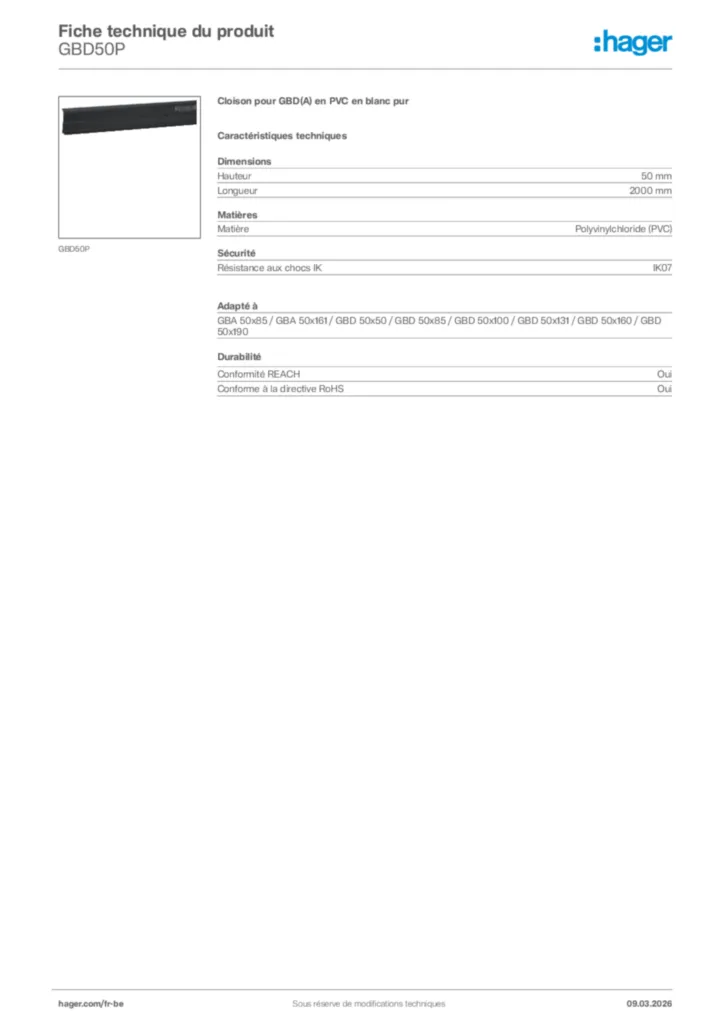Image Hager Fiche technique du produit GBD50P | Hager Belgique