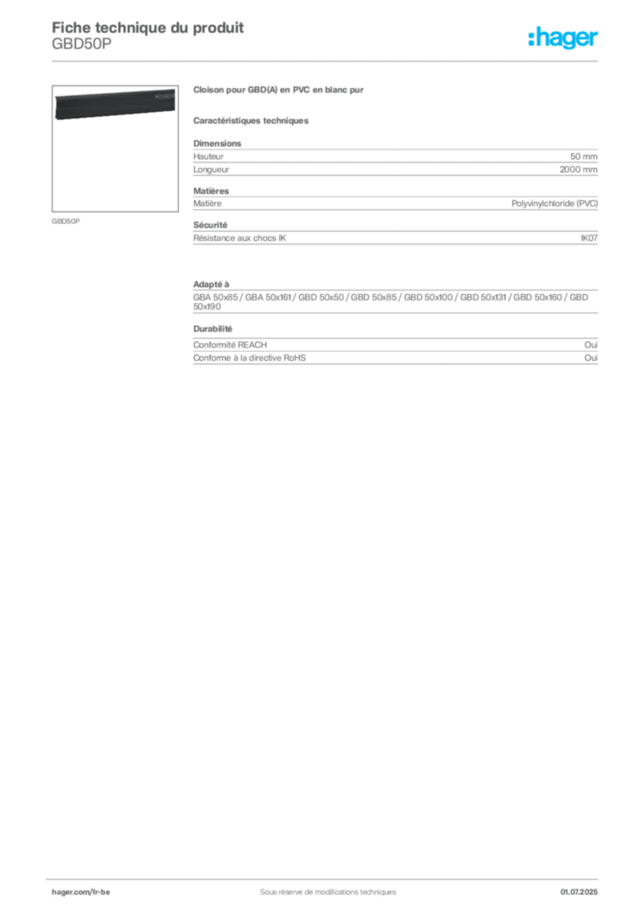 Image Hager Fiche technique du produit GBD50P | Hager Belgique
