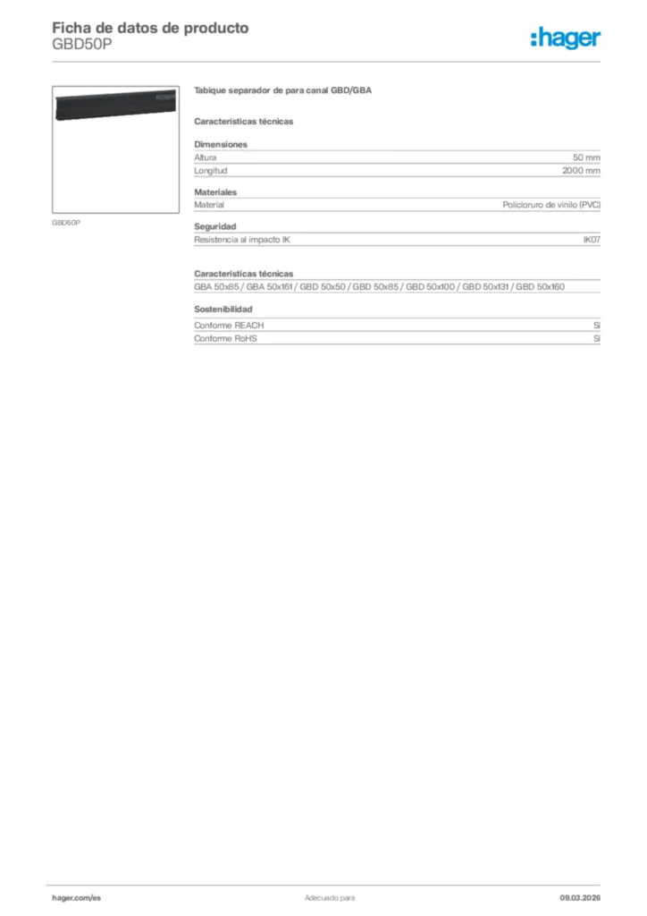 Imagen Hager Ficha de datos de producto GBD50P | Hager España