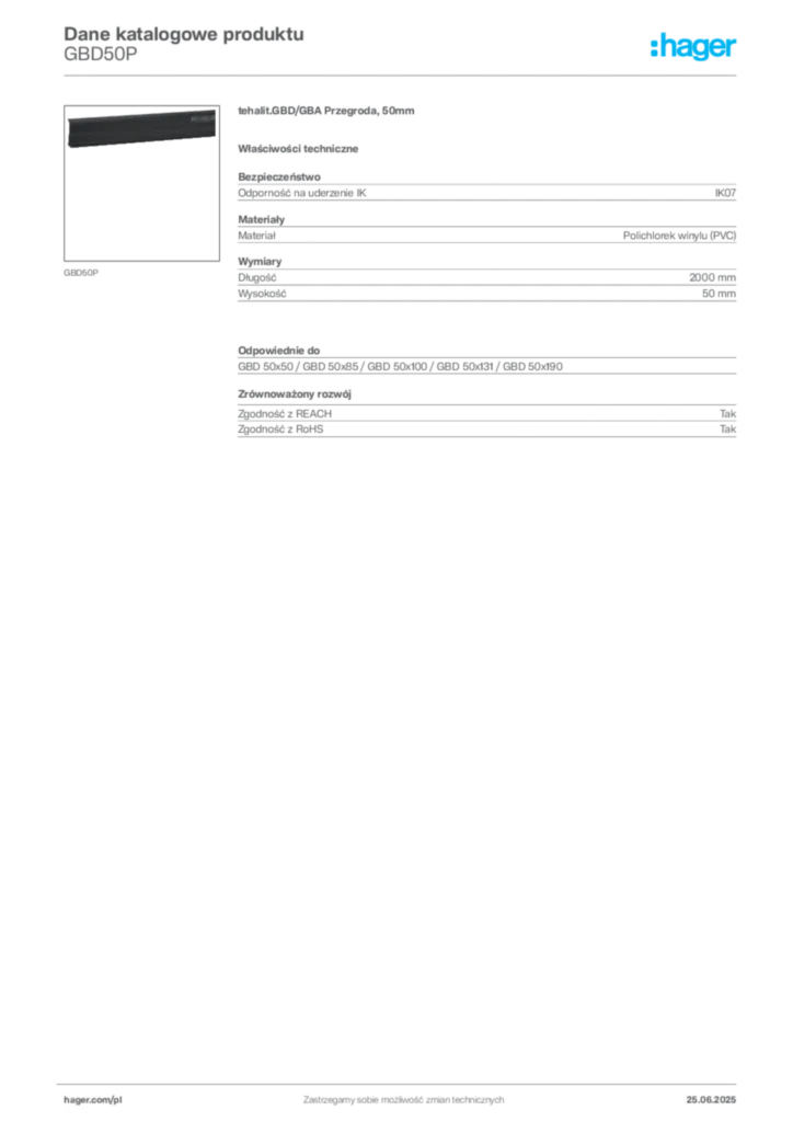 Zdjęcie Hager Karta katalogowa GBD50P | Hager Polska