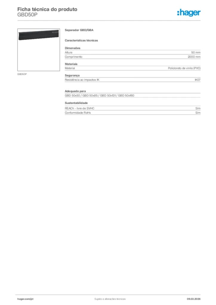 Imagem Hager Ficha técnica do produto GBD50P | Hager Portugal