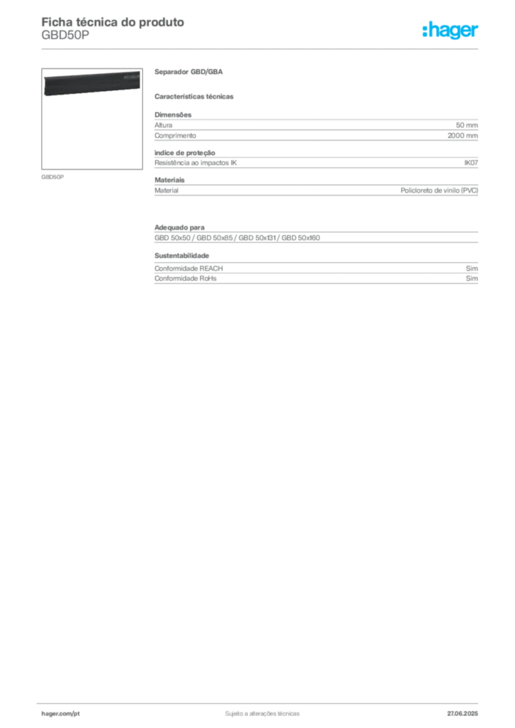 Imagem Hager Ficha técnica do produto GBD50P | Hager Portugal