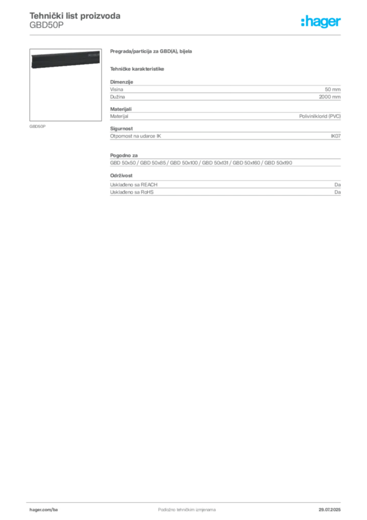 Slika Hager Product data sheet GBD50P  | Hager