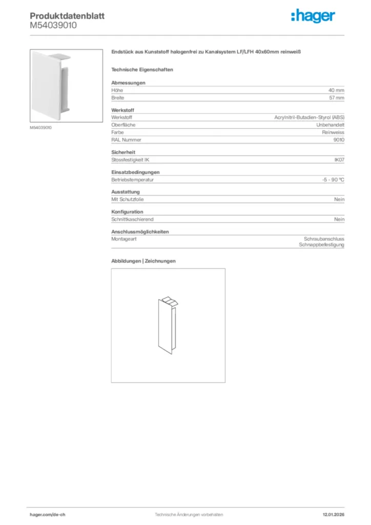 Bild Hager Produktdatenblatt M54039010 | Hager Schweiz