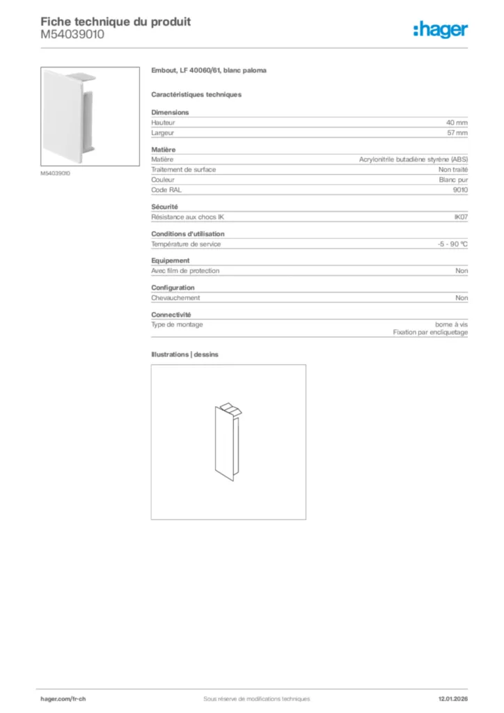 Image Hager Fiche technique du produit M54039010 | Hager Suisse