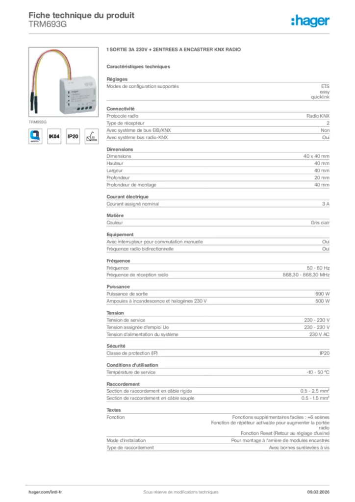 Image Hager Fiche technique du produit TRM693G | Hager Afrique